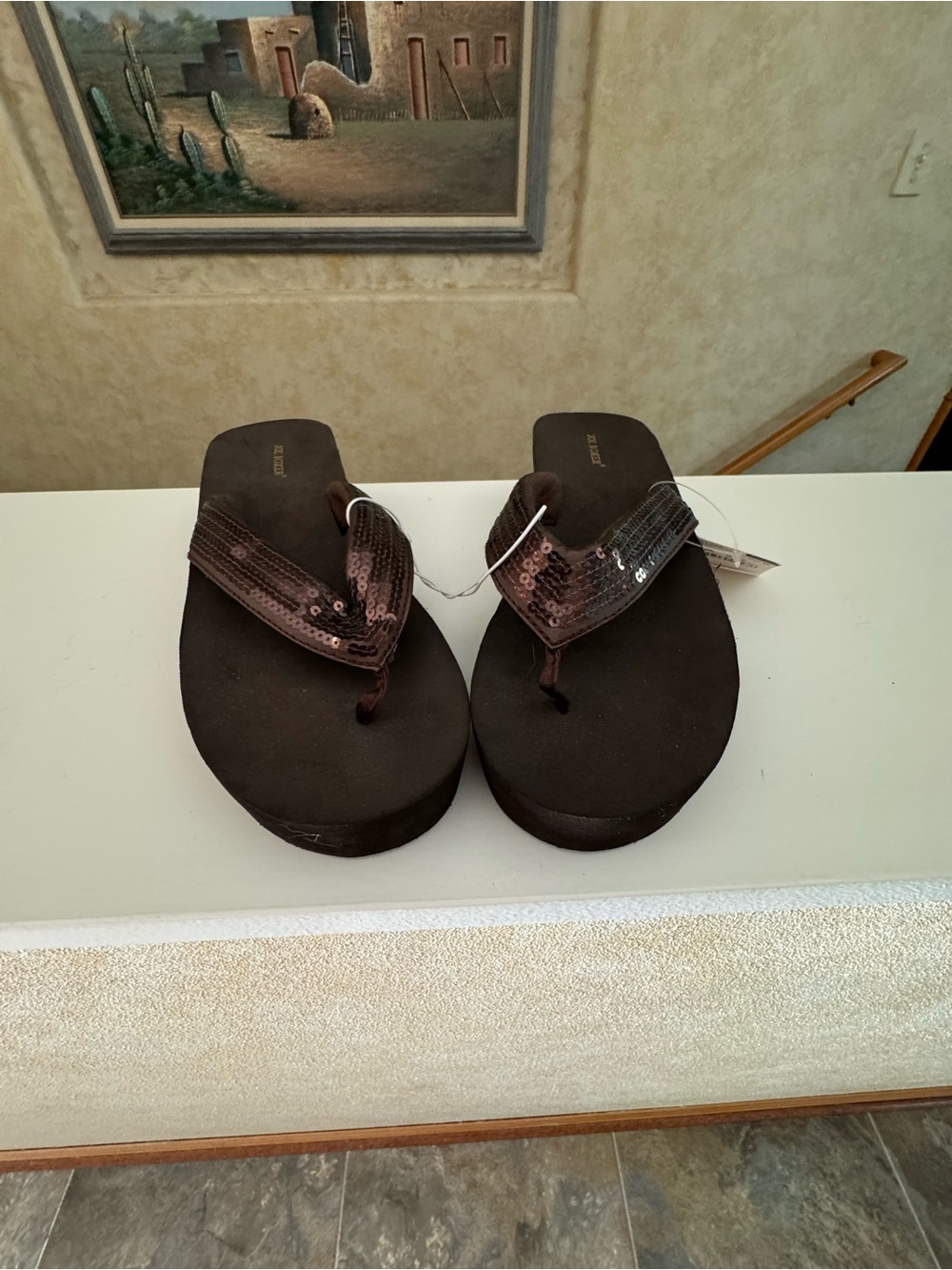 Joe Boxer Brown Sequin Platform Flip Flops